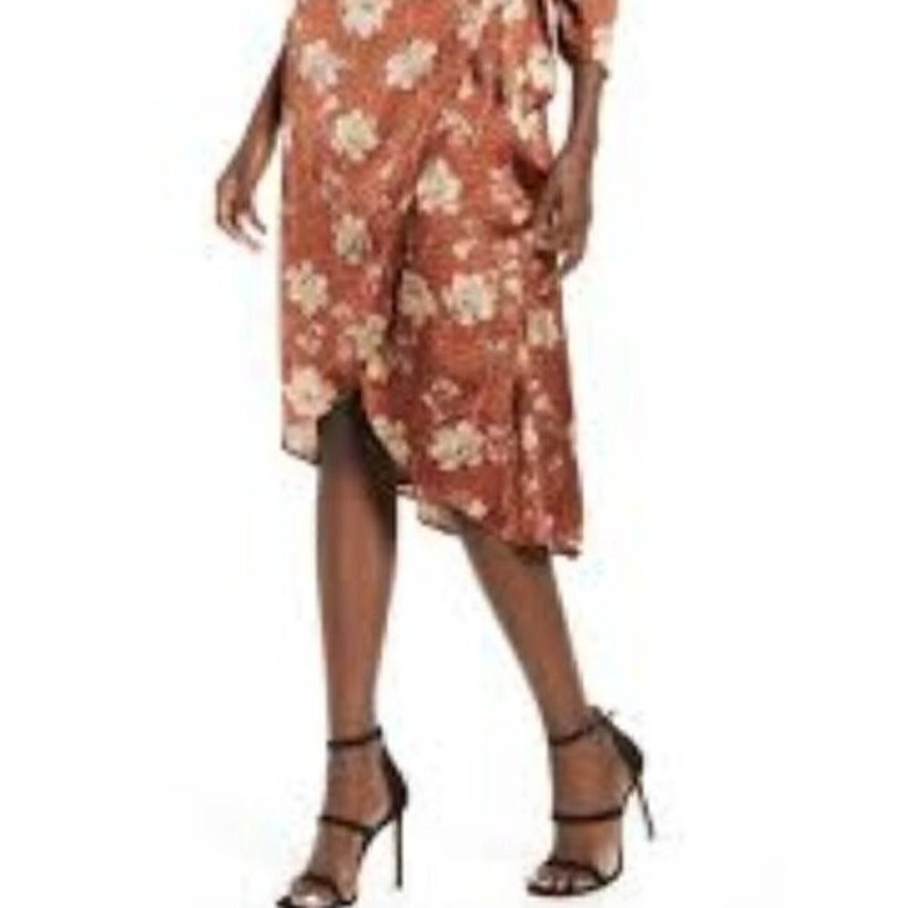 Leith Brown animal print floral boho wrap midi party women dress S Cottage Core - Picture 8 of 12